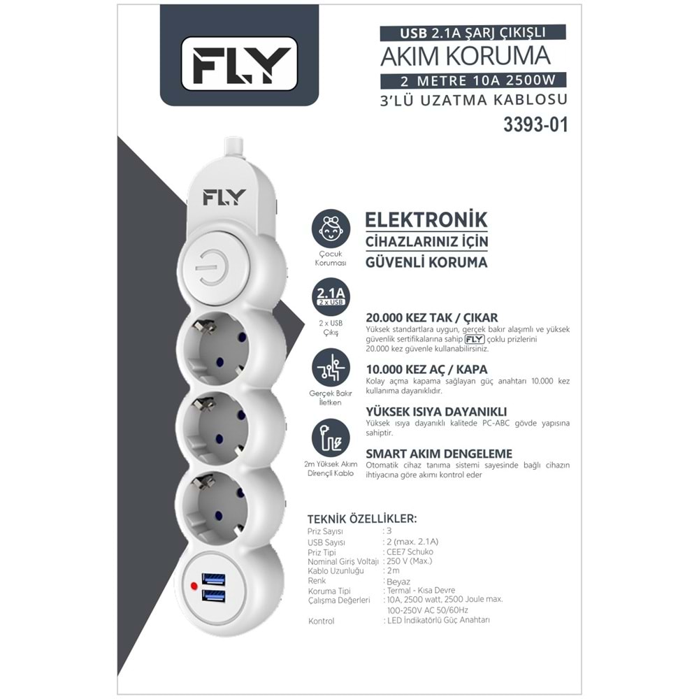 FLY 3393-01 Termal Akım Korumalı Uzatma Kablosu 3 Priz 2 USB Anahtarlı 2 m Beyaz