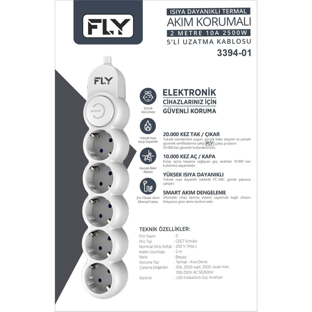 FLY 3394-01 Termal Akım Korumalı Uzatma Kablosu 5 Priz Anahtarlı 2 m Beyaz
