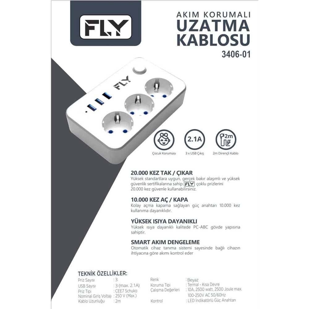 FLY 3406-01 Termal Akım Korumalı Uzatma Kablosu 3 Priz 3 USB Anahtarlı 2 m Beyaz