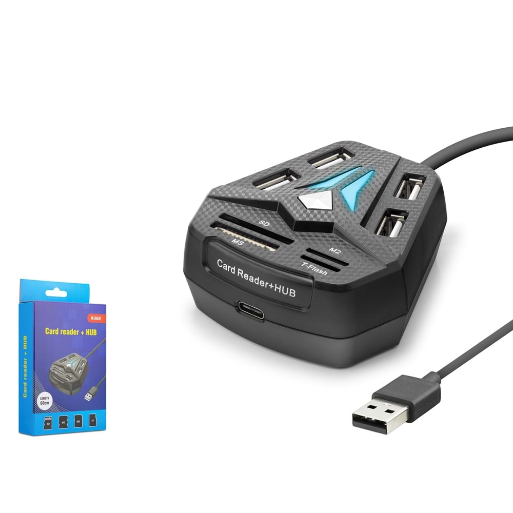 HADRON A068B USB Combo Hub Kart Okuyucu 8 Port 480 Mbps 60 cm Siyah