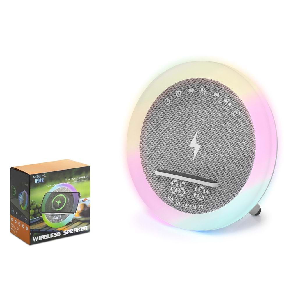 HADRON A912 Bluetooth Masaüstü Hoparlör 15W TWS FM Radyo USB TF Qi Kablosuz Şarjlı Saatli RGB Beyaz
