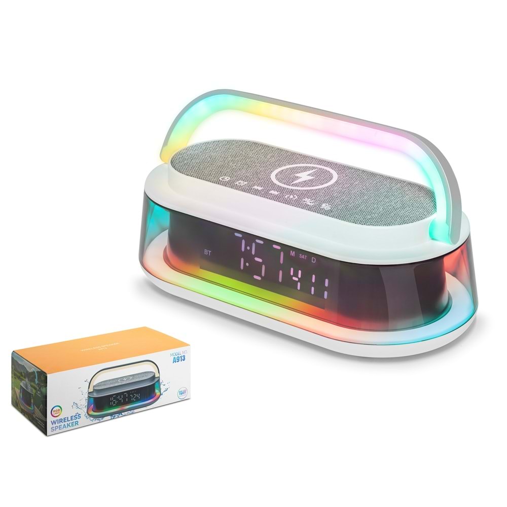 HADRON A913 Bluetooth Masaüstü Hoparlör 15W TWS FM Radyo USB TF Qi Kablosuz Şarjlı Saatli RGB Beyaz