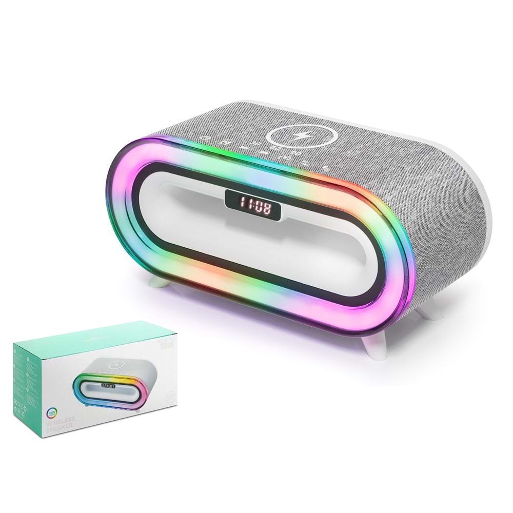 HADRON A916 Bluetooth Masaüstü Hoparlör 15W TWS FM Radyo USB TF Qi Kablosuz Şarjlı Saatli RGB Beyaz