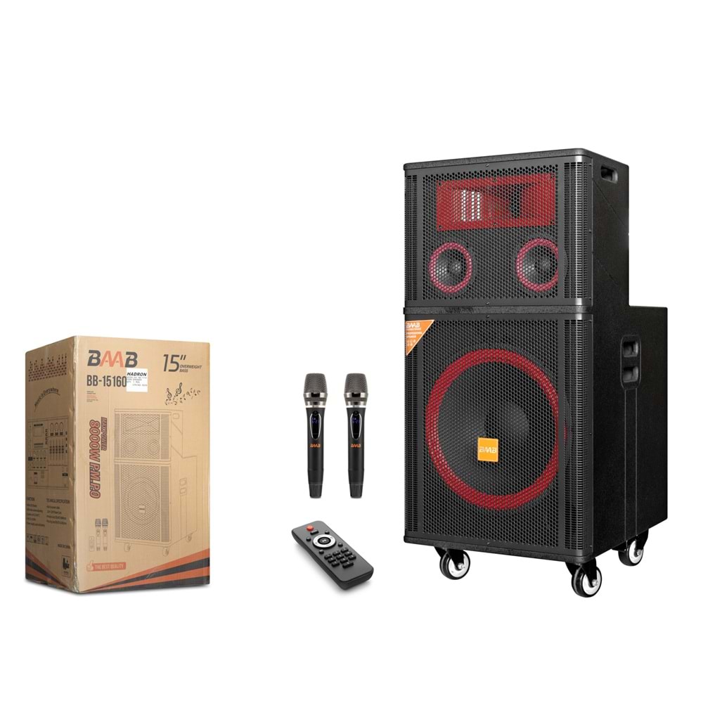 BAAB BB15160 Çift Karaoke Mikrofonlu Bluetooth Hoparlör FM Radyo 150W 15 İnç 2x4 İnç LED Kumandalı Ahşap