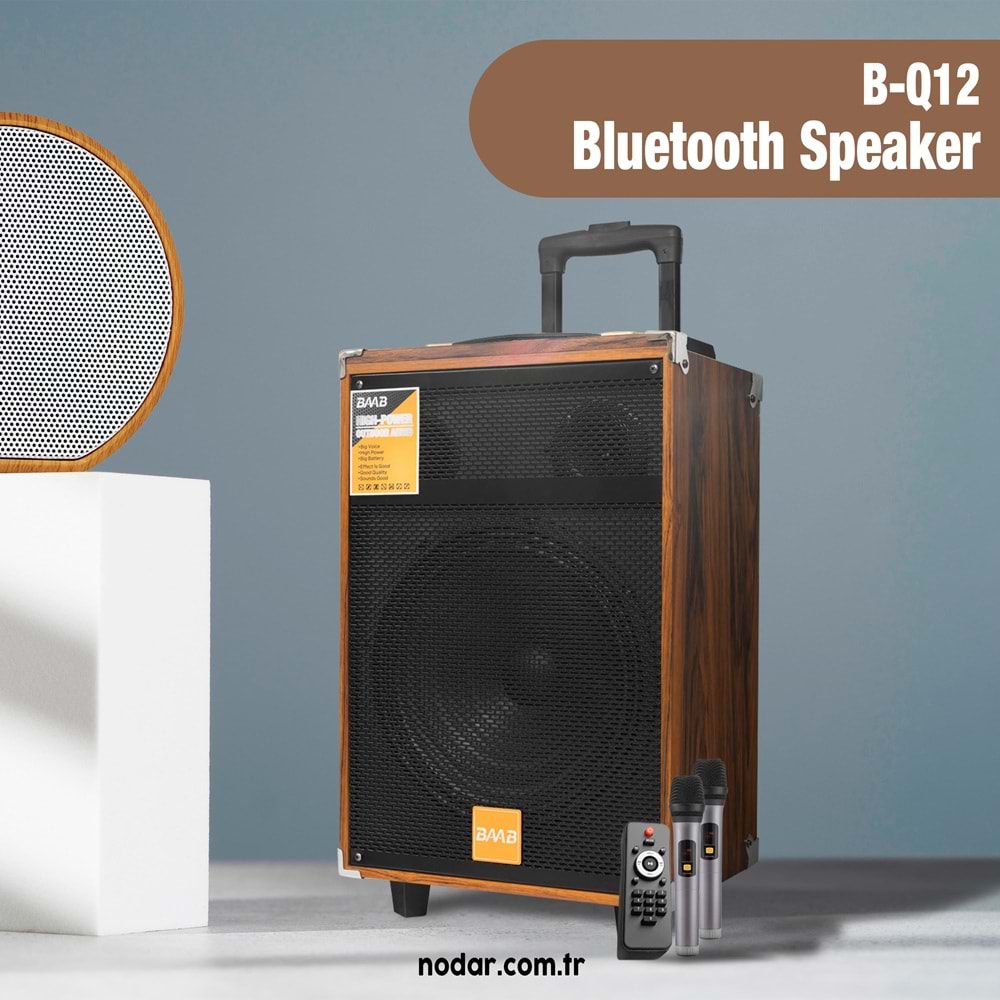 BAAB BQ12 Çift Karaoke Mikrofonlu Bluetooth Hoparlör FM Radyo 40W 12 İnç Kumandalı Ahşap