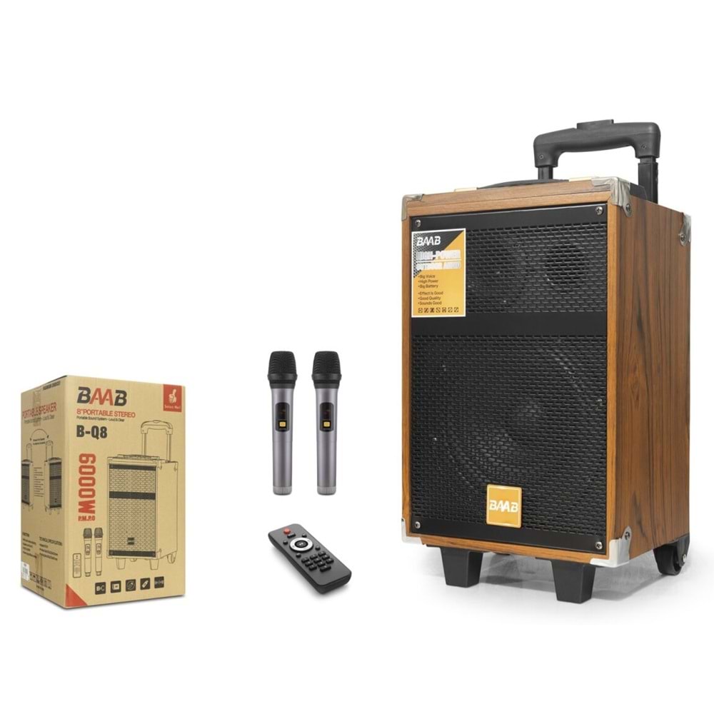 BAAB BQ8 Çift Karaoke Mikrofonlu Bluetooth Hoparlör FM Radyo 40W 8 İnç Kumandalı Ahşap