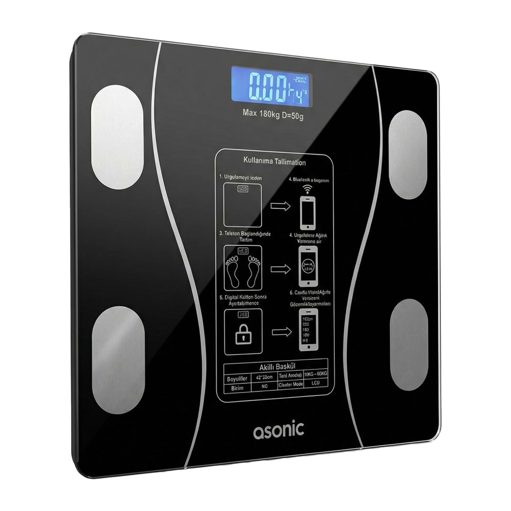 ASONIC BS260S Bluetooth Dijital Baskül 180 kg Cam Yüzey 2 AAA Pil Siyah