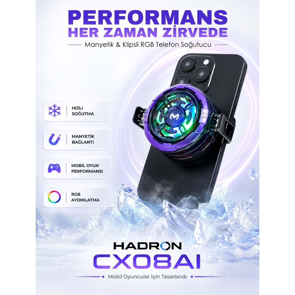 HADRON CX08AI Manyetik Klipsli Telefon Soğutucu Fan RGB Mor Siyah