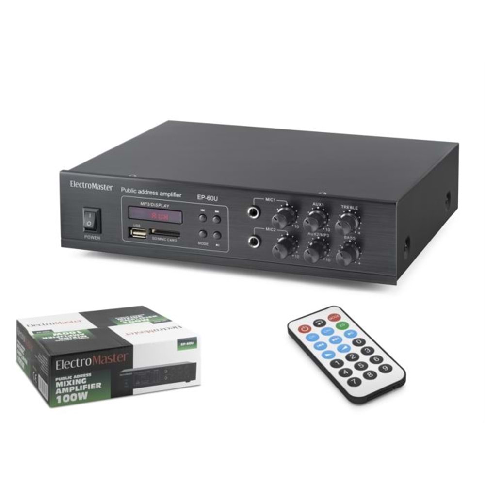 ELECTRO MASTER EP60U 100V Hat Trafolu Amfi 100W USB SD MMC MP3 Kumandalı Siyah