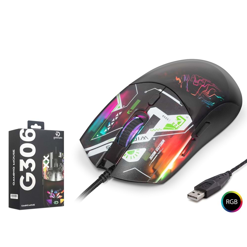 GOOD PRO G306B RGB Gaming Mouse 7200 DPI Geometrik Desenli Siyah