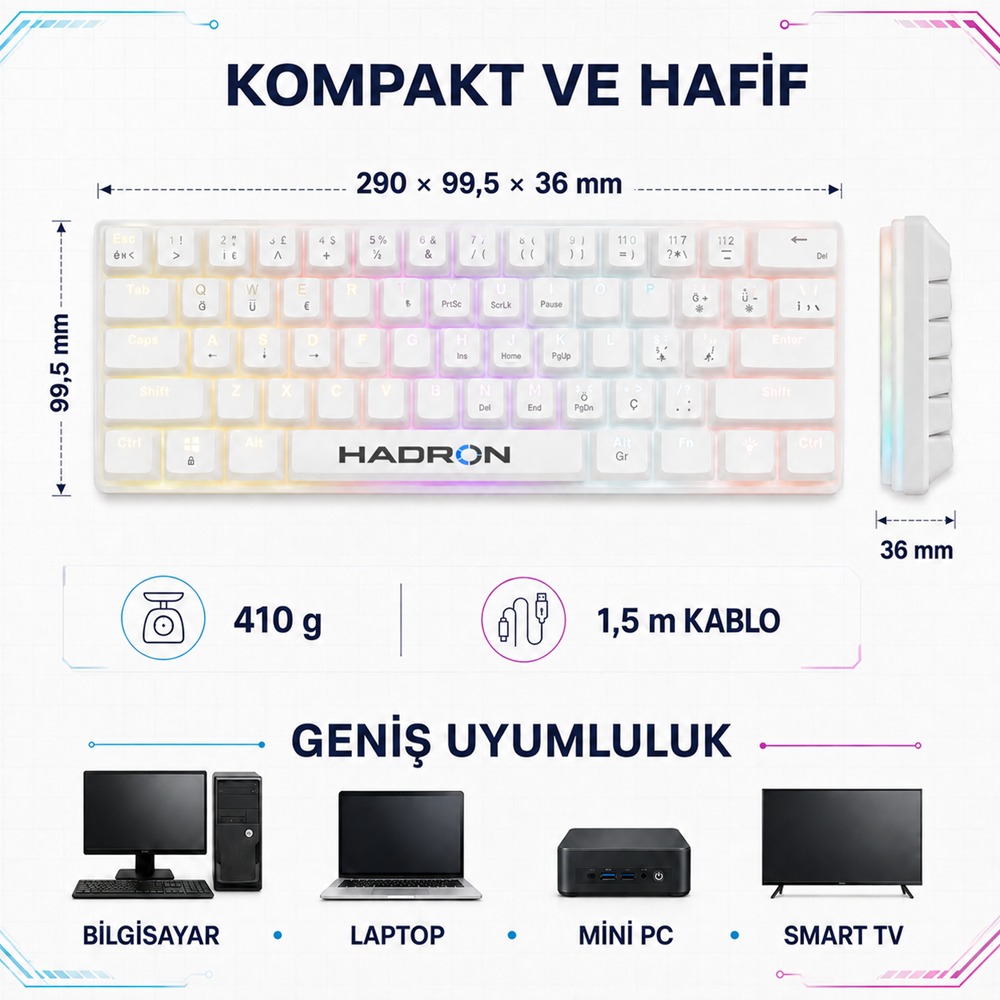 HADRON G508B Mekanik Gaming Mini Klavye Blue Switch RGB 61 Tuş Beyaz