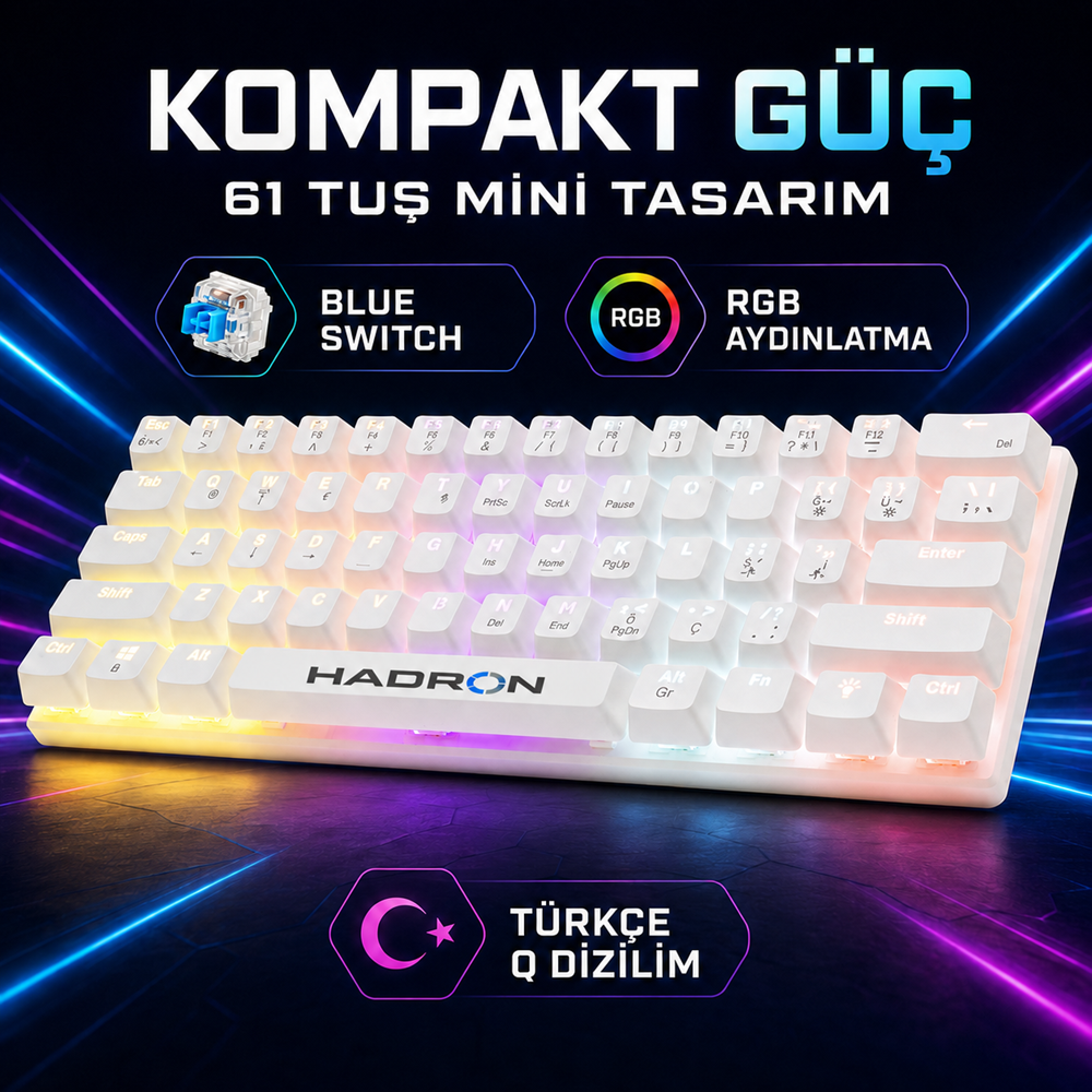 HADRON G508B Mekanik Gaming Mini Klavye Blue Switch RGB 61 Tuş Beyaz