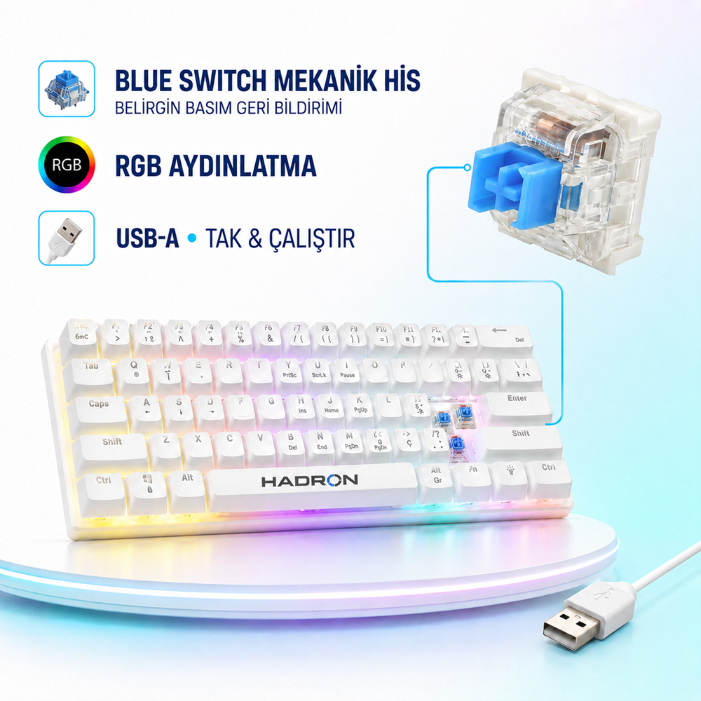 HADRON G508B Mekanik Gaming Mini Klavye Blue Switch RGB 61 Tuş Beyaz