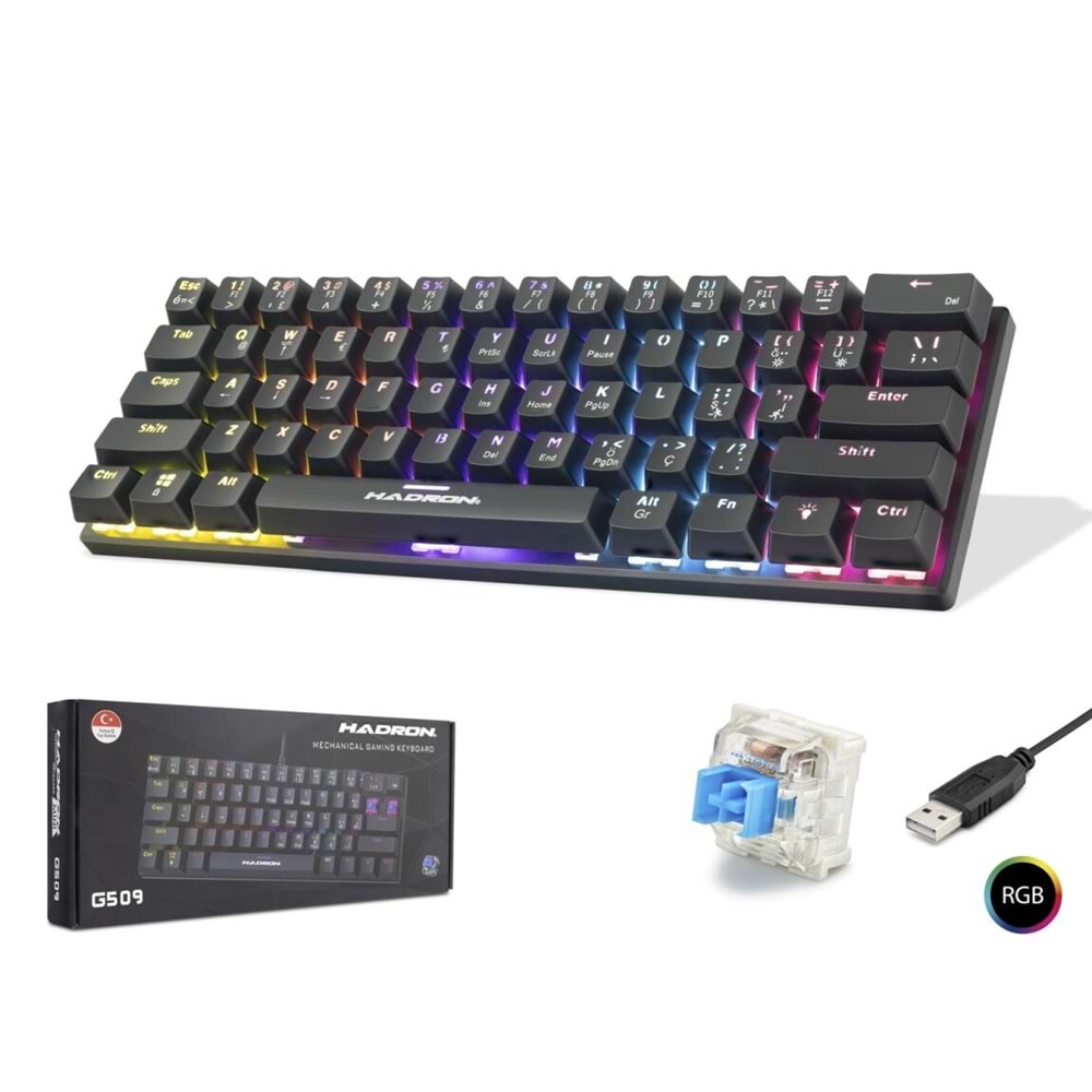 HADRON G509B Mekanik Gaming Mini Klavye Blue Switch RGB 61 Tuş Siyah