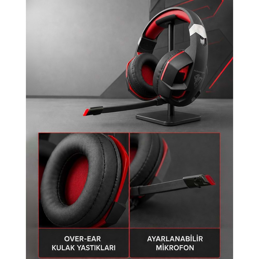 HADRON G59 USB LED 7.1 Surround Over-Ear Mikrofonlu Gaming Kulaklık PS4 Uyumlu Siyah Kırmızı