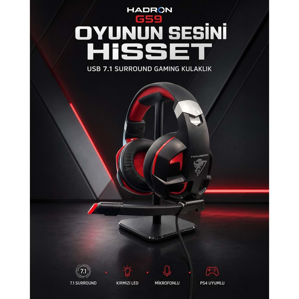 HADRON G59 USB LED 7.1 Surround Over-Ear Mikrofonlu Gaming Kulaklık PS4 Uyumlu Siyah Kırmızı