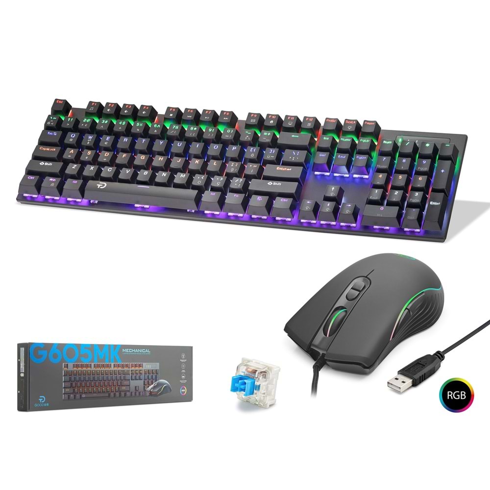 HADRON G605MK Gaming Mekanik RGB Klavye Mouse Seti Blue Switch 7200 DPI Siyah