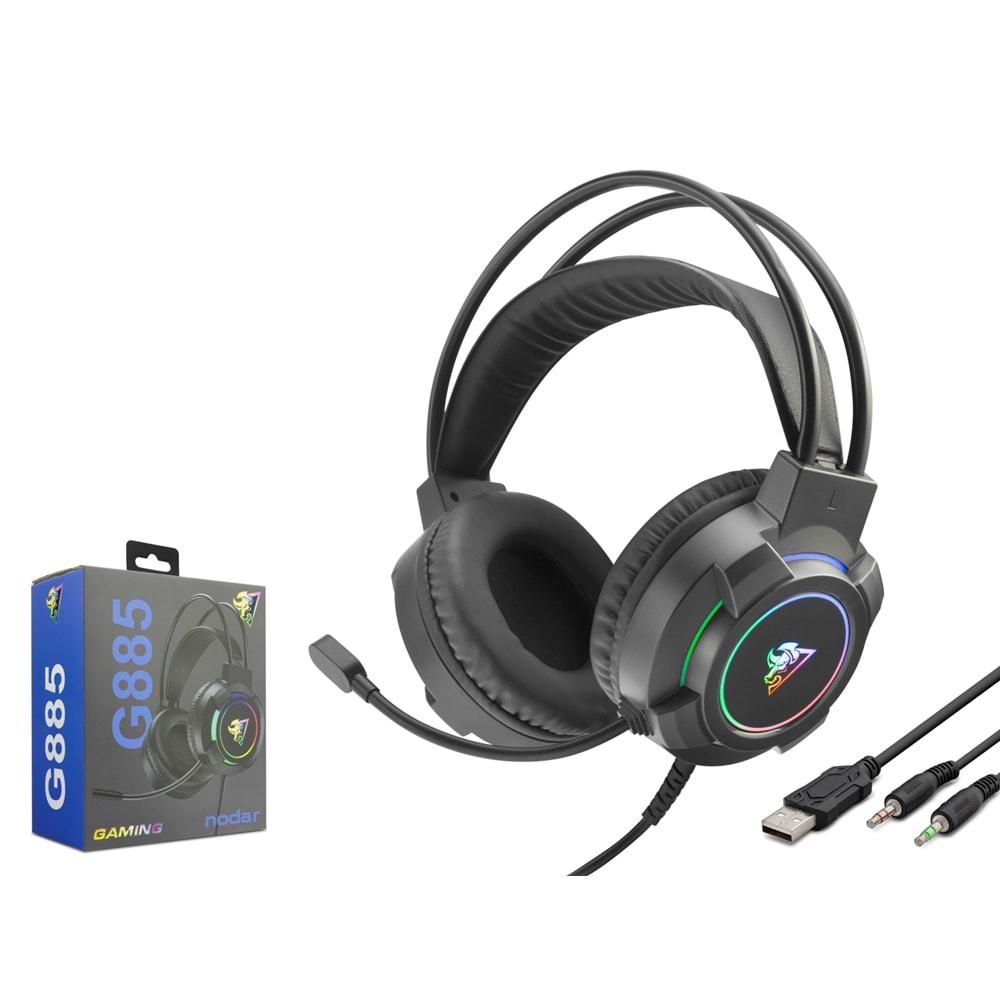NODAR G885 2x 3.5 mm USB RGB Aydınlatmalı Over-Ear Mikrofonlu Gaming Kulaklık Siyah
