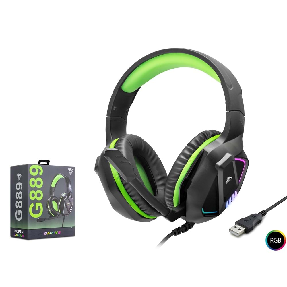 MOFAN G889 USB RGB Over-Ear Mikrofonlu Gaming Kulaklık Siyah Yeşil