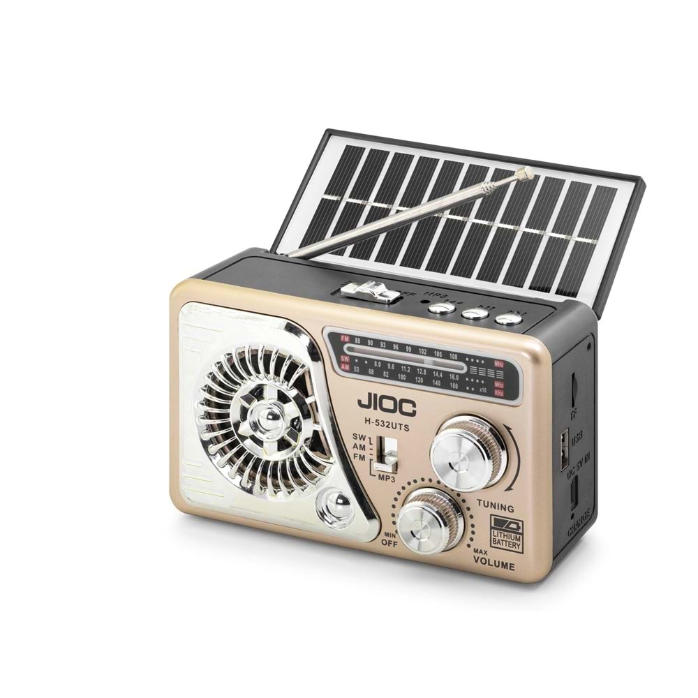 JIOC H532UTS Nostaljik FM AM SW Radyo USB TF Solar Şarjlı LED El Fenerli 3W Taşınabilir Kamp Radyosu
