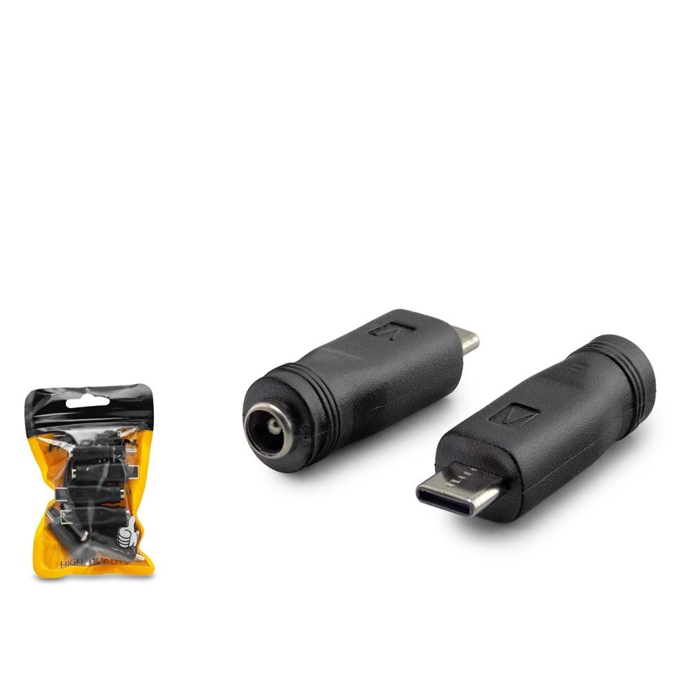 HADRON HDX1340 DC Jack Dönüştürücü 5.5x2.5 mm Soket Type-C Fiş 10 Adetli Paket Siyah