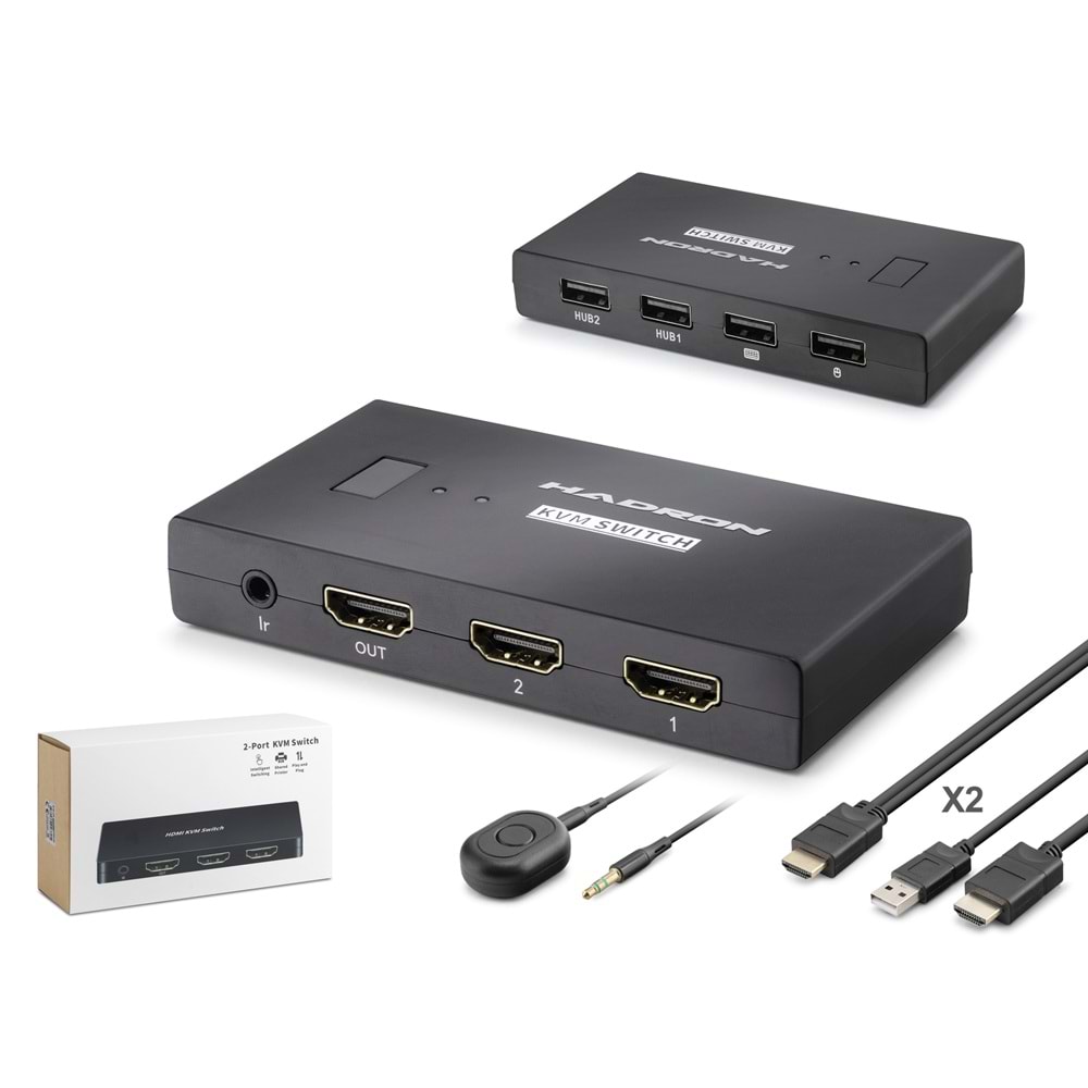 HADRON HDX1373 HDMI KVM Switch 2 USB Hub 2 Console Harici Butonlu KVM Kablo Setli 2 HDMI Port Siyah