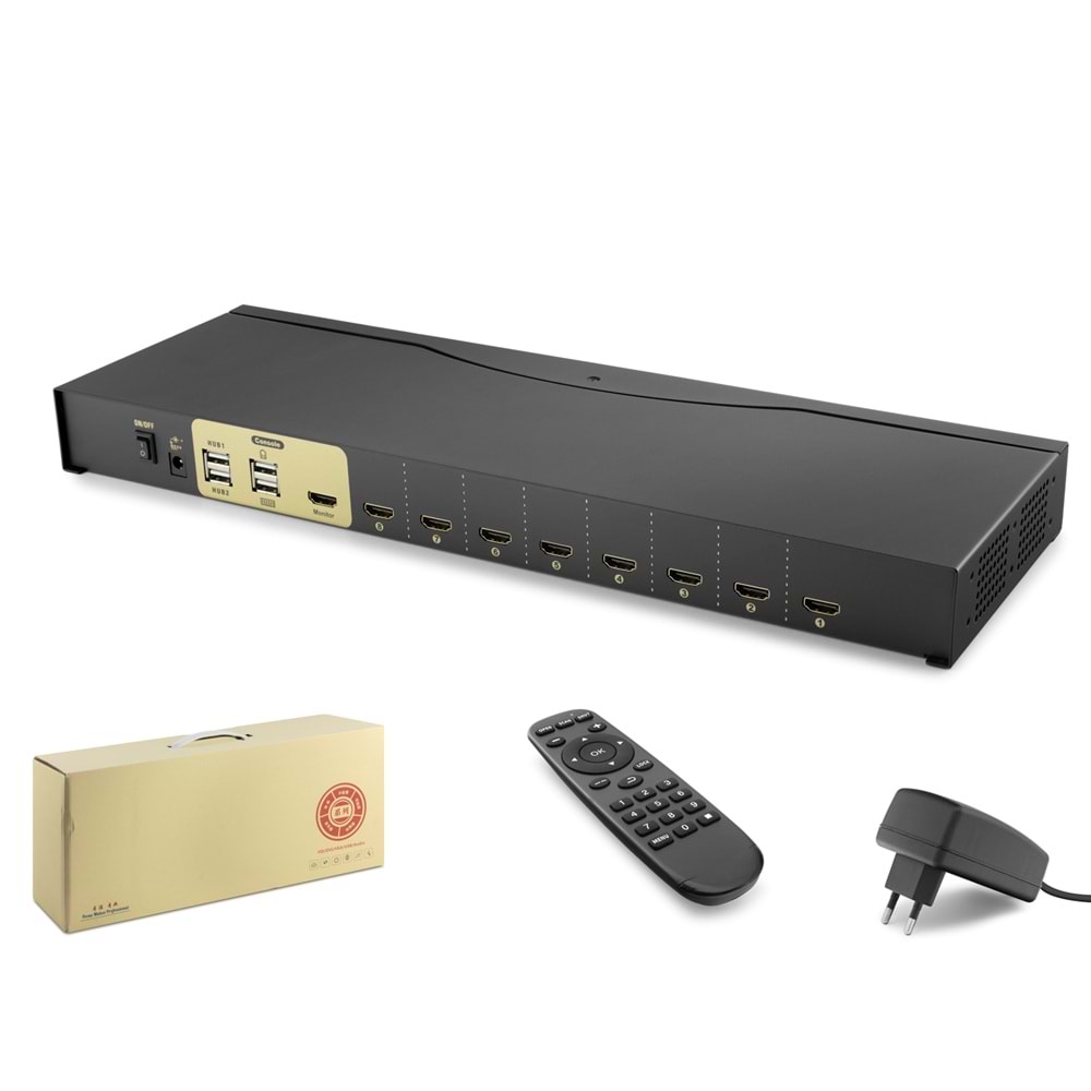 HADRON HDX1378 HDMI KVM Switch 2 USB Hub 2 Console Kumandalı 8 HDMI Port Siyah