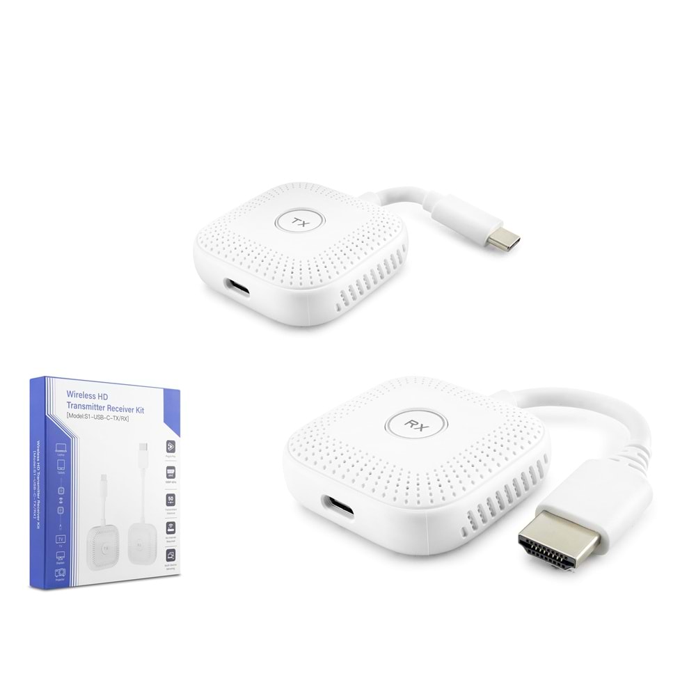 HADRON HDX1385 Type-C Verici HDMI Alıcı Kablosuz Görüntü Aktarım Seti 1080p 60 Hz 50 m Beyaz