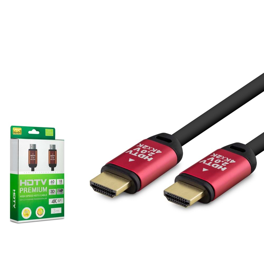 HADRON HDX2038 HDMI 2.0 Kablo 4K 60 Hz OD 8.0 mm 3 m Siyah Kırmızı