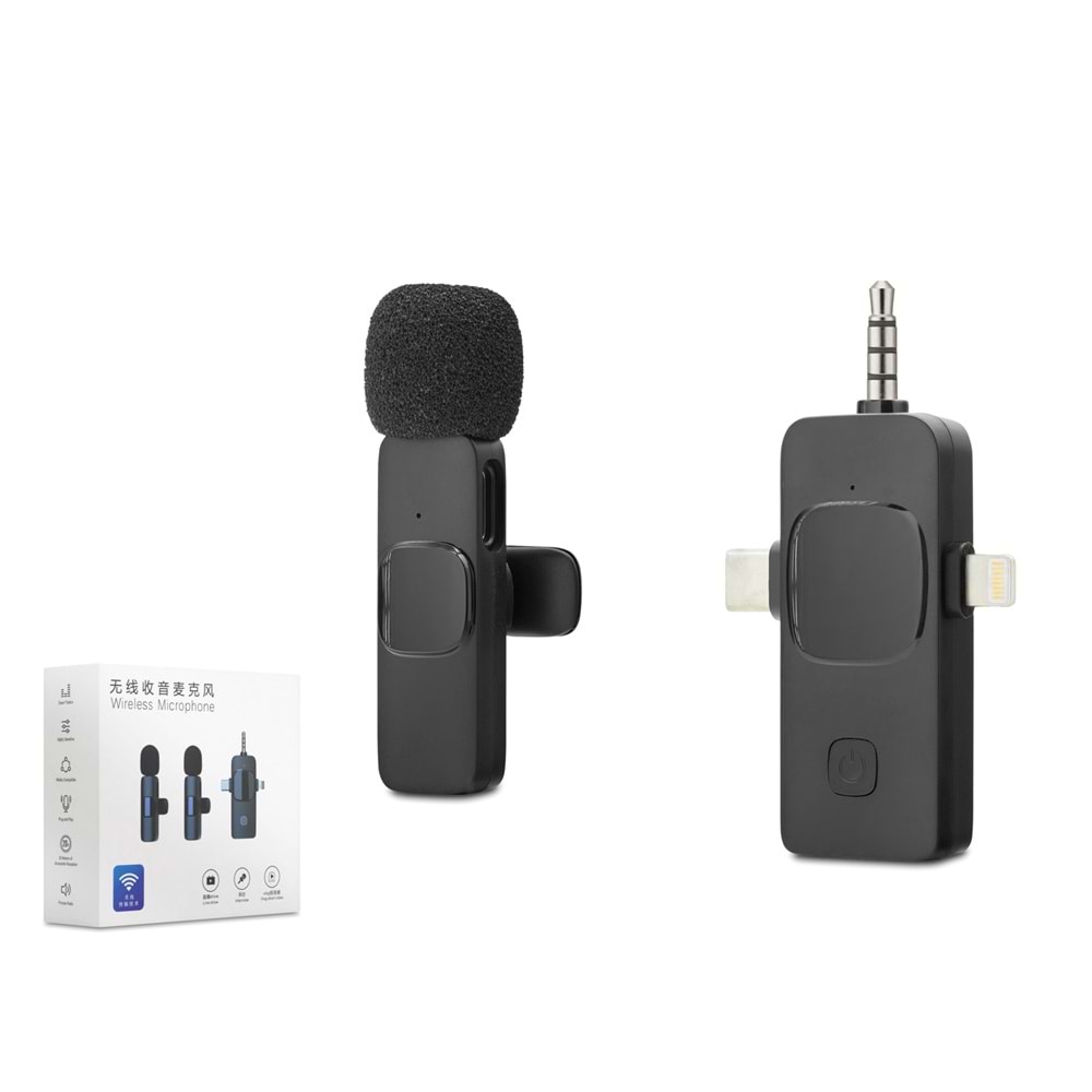 HADRON HDX2781 Kablosuz Yaka Mikrofonu Type-C Lightning 3.5 mm Siyah