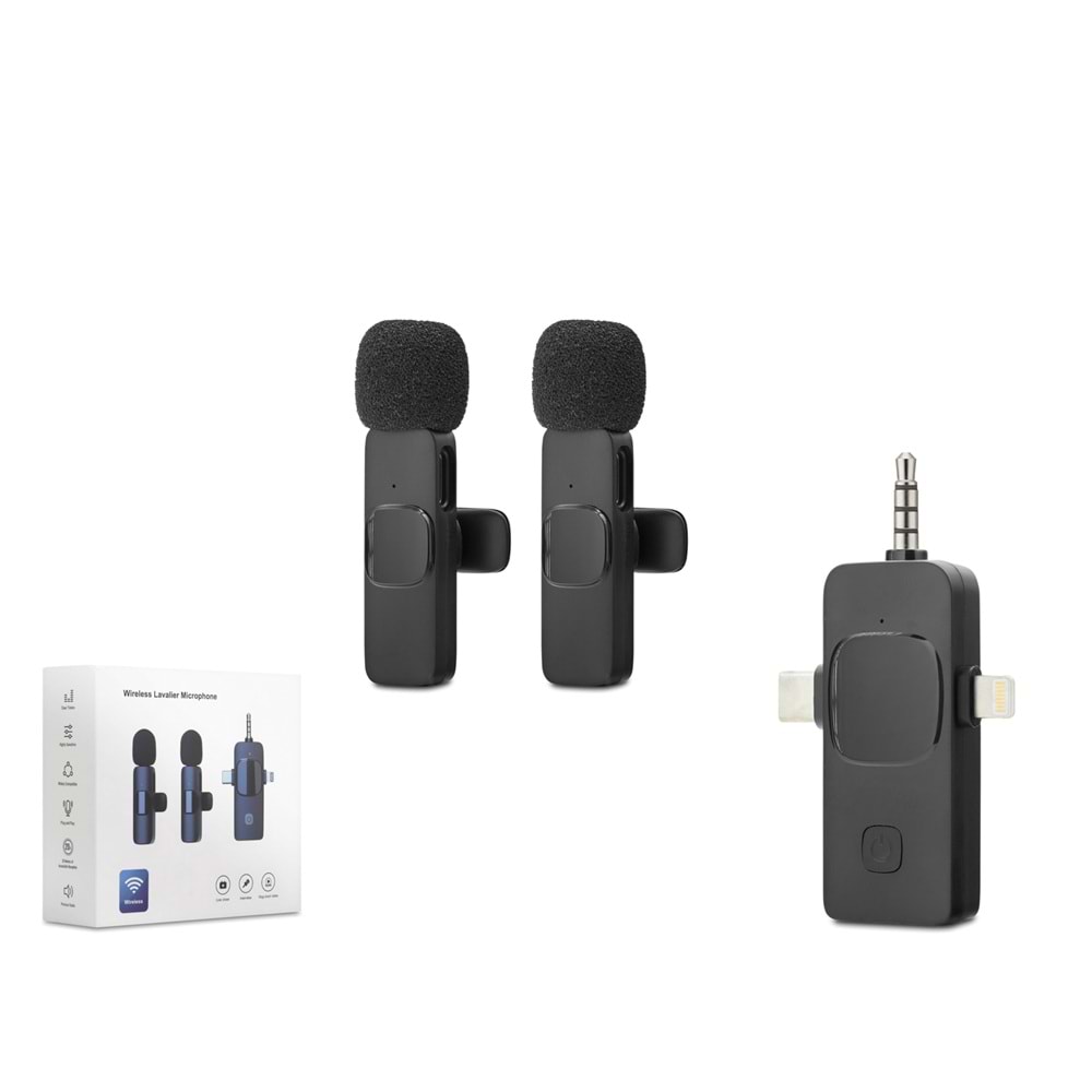 HADRON HDX2782 Kablosuz Çiftli Yaka Mikrofon Seti Type-C Lightning 3.5 mm Siyah