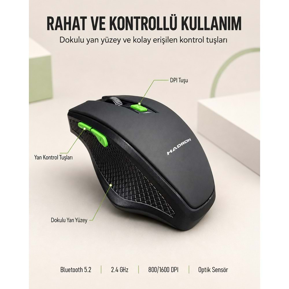 HADRON HDX3404 Dual Mode Kablosuz Mouse 2.4 GHz Bluetooth 5.2 1600 DPI Siyah