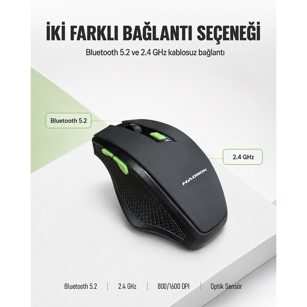 HADRON HDX3404 Dual Mode Kablosuz Mouse 2.4 GHz Bluetooth 5.2 1600 DPI Siyah