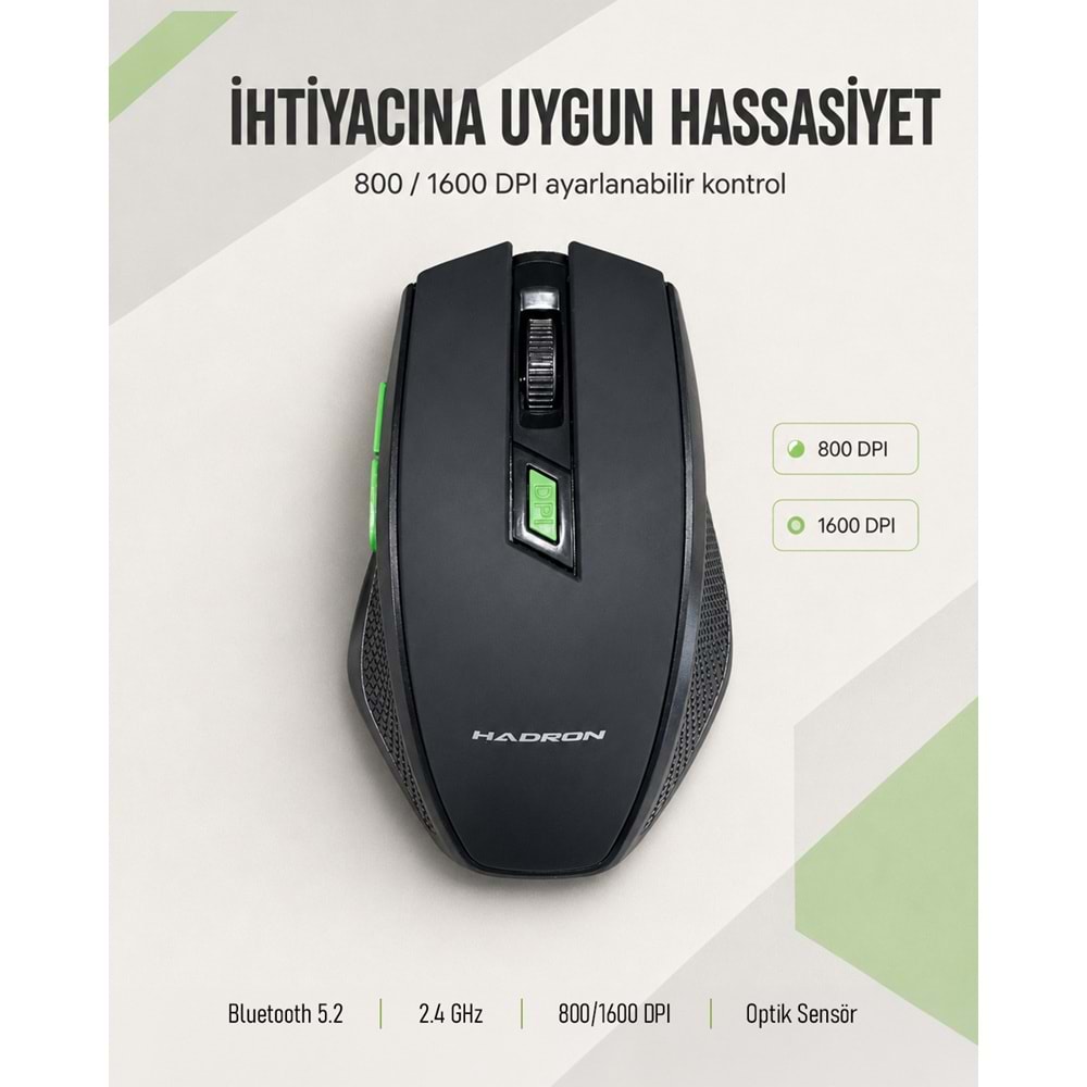 HADRON HDX3404 Dual Mode Kablosuz Mouse 2.4 GHz Bluetooth 5.2 1600 DPI Siyah