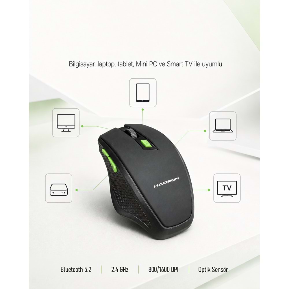 HADRON HDX3404 Dual Mode Kablosuz Mouse 2.4 GHz Bluetooth 5.2 1600 DPI Siyah