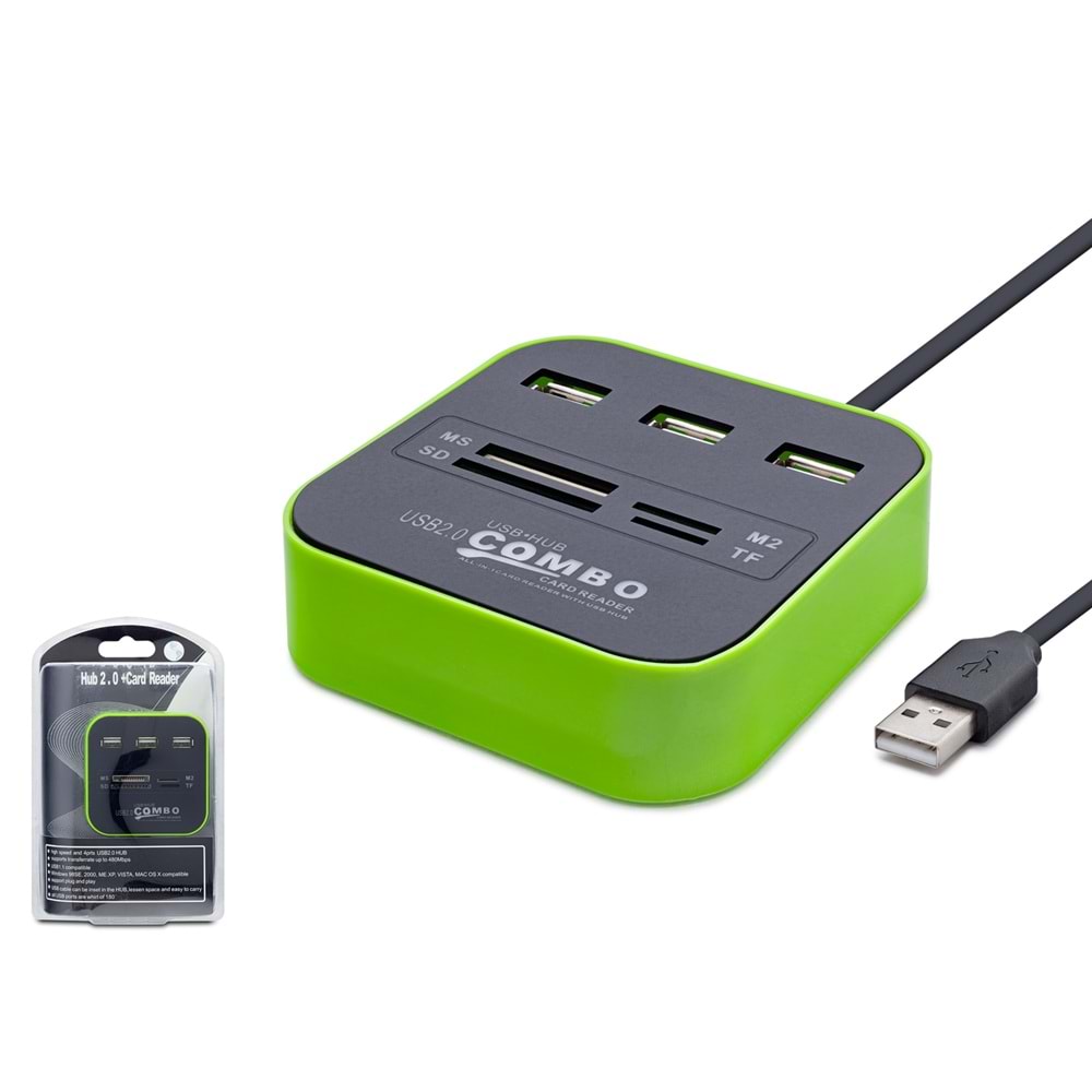 HADRON HDX7006 USB Combo Hub Kart Okuyucu 7 Port 480 Mbps Yeşil