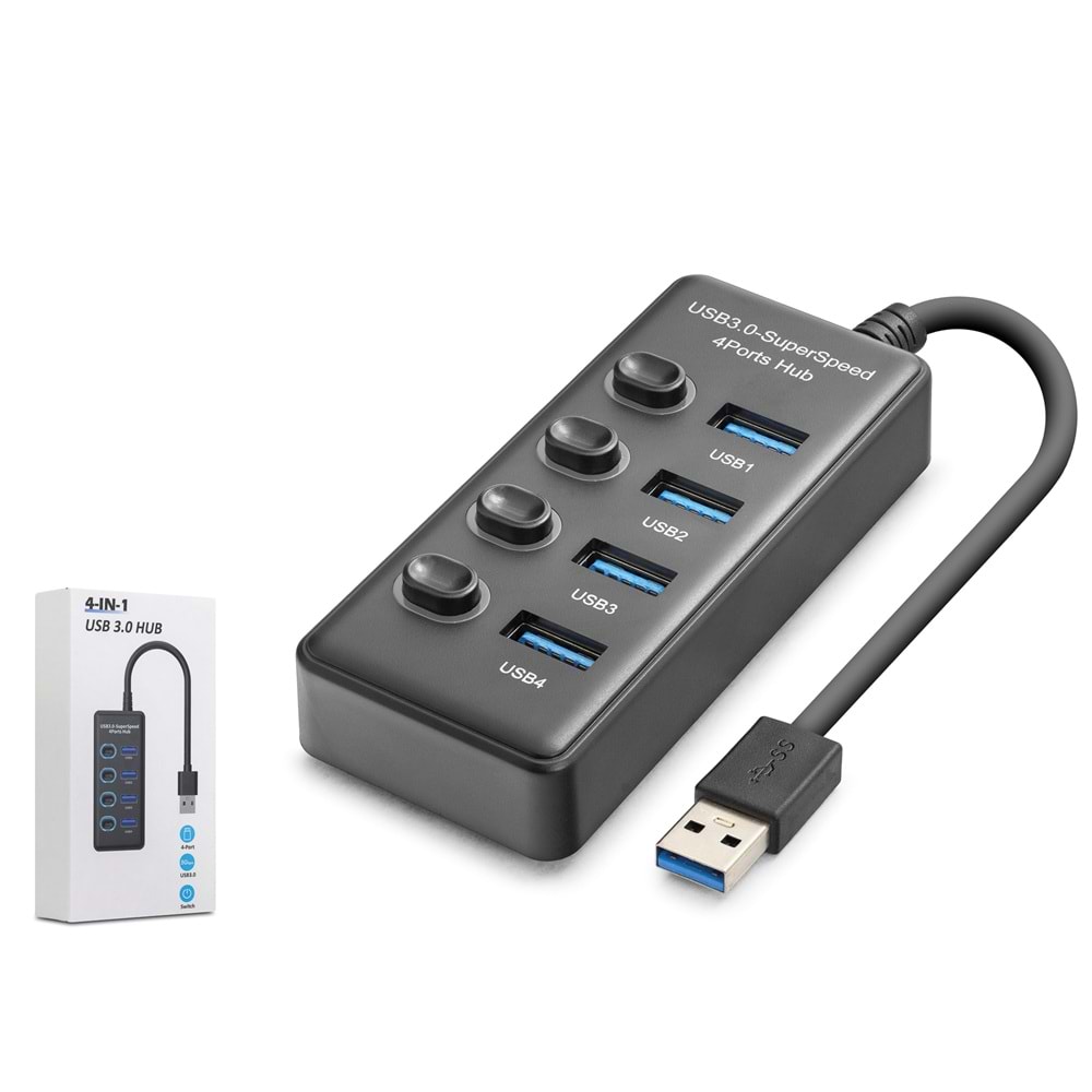 HADRON HDX7048 USB 3.0 Anahtarlı Hub 4 Port 5 Gbps Siyah