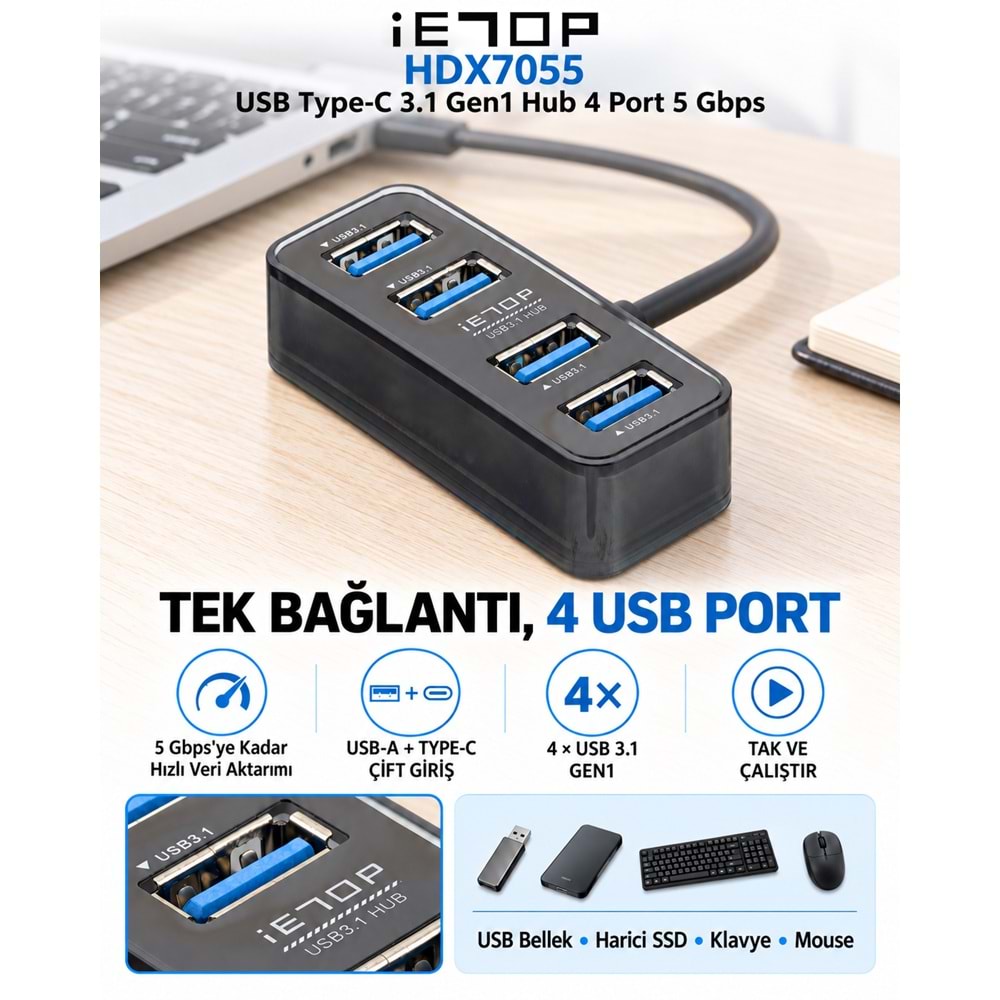 iETOP HDX7055 USB Type-C 3.1 Gen1 Hub 4 Port 5 Gbps Siyah