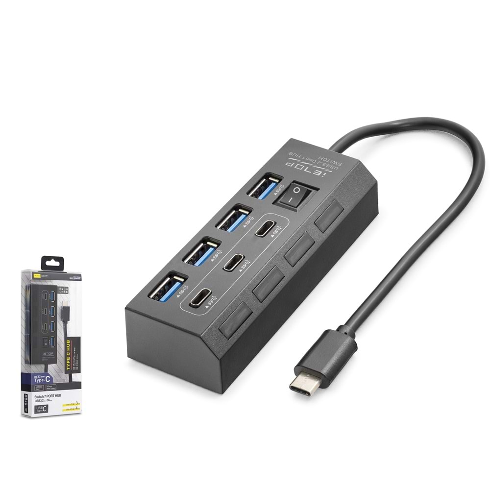 iETOP HDX7057 Type-C 3.2 Gen1 Anahtarlı Hub 7 Port 5 Gbps Siyah