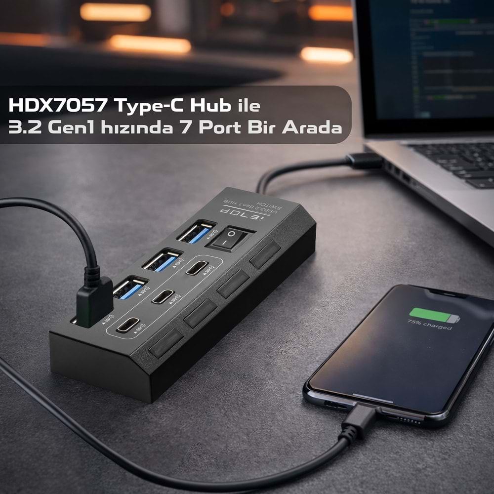 iETOP HDX7057 Type-C 3.2 Gen1 Anahtarlı Hub 7 Port 5 Gbps Siyah
