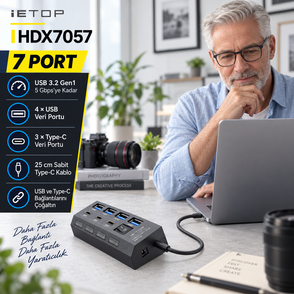 iETOP HDX7057 Type-C 3.2 Gen1 Anahtarlı Hub 7 Port 5 Gbps Siyah