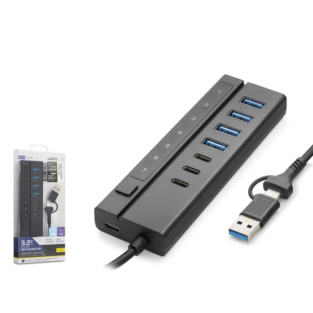 iETOP HDX7062 USB Type-C 3.2 Gen1 Anahtarlı Hub 7 Port 5 Gbps Siyah