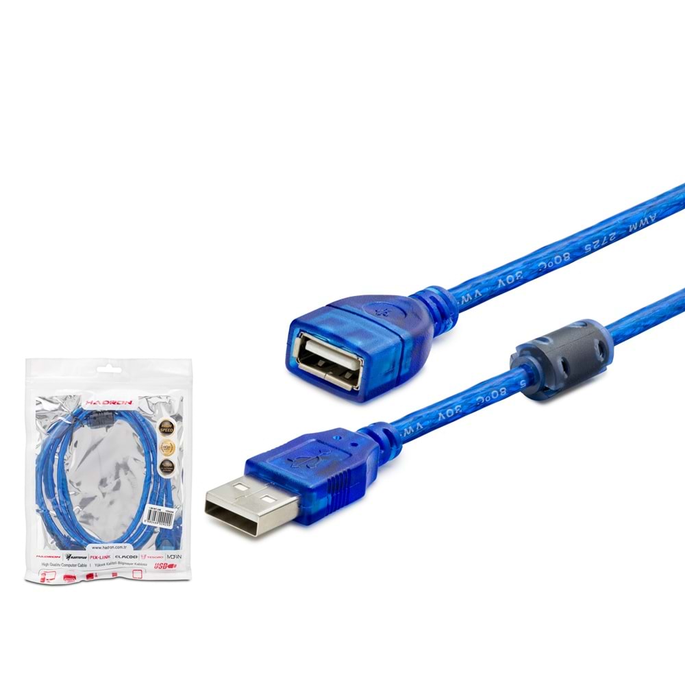 HADRON HDX7535 USB Uzatma Kablosu 3 m Şeffaf Mavi
