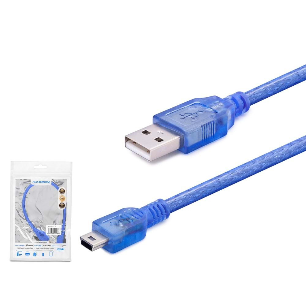 HADRON HDX7548 USB Mini 5 Pin Data Kablosu 30 cm Şeffaf Mavi