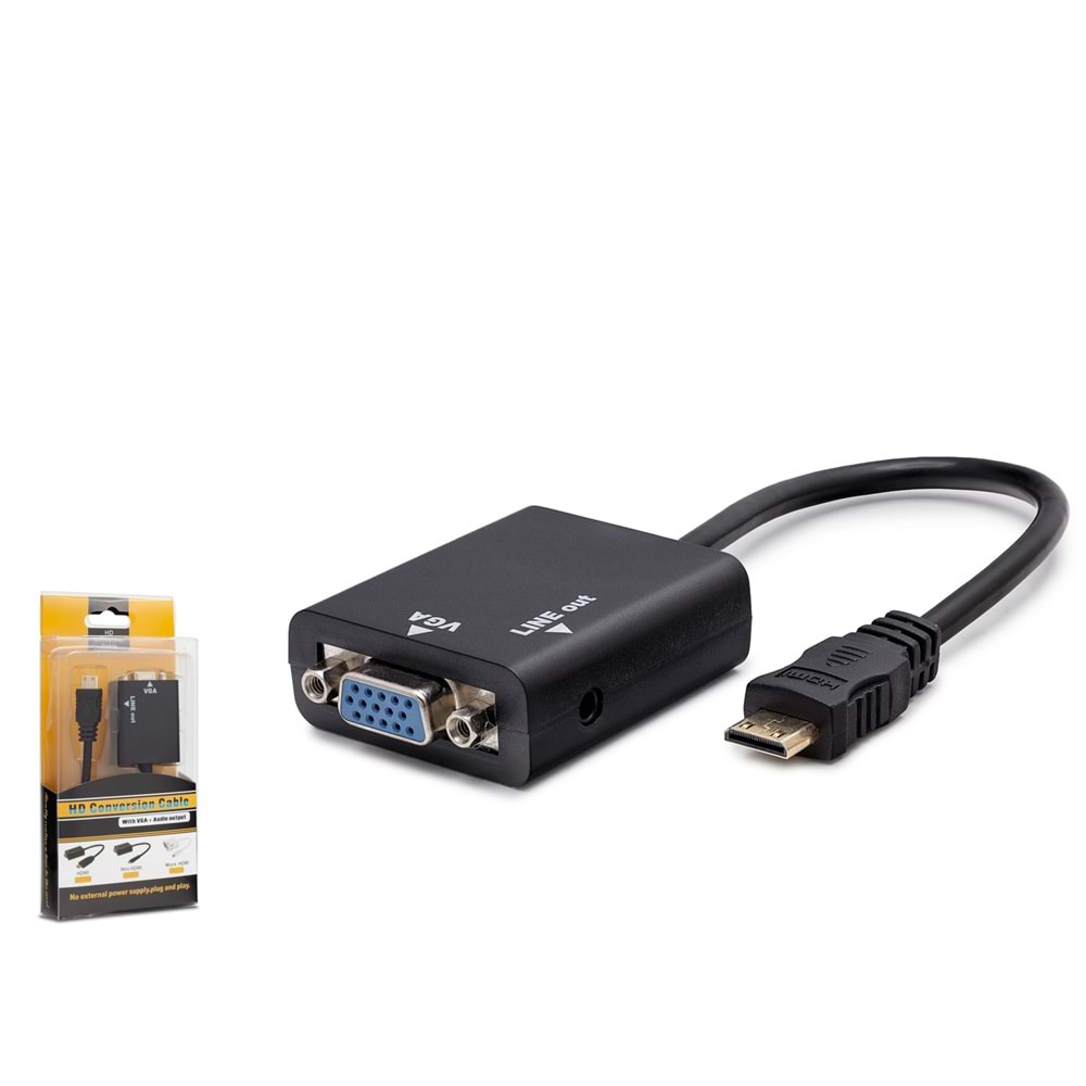 HADRON HDX7762 Mini HDMI to VGA Ses Çıkışlı Görüntü Dönüştürücü Siyah