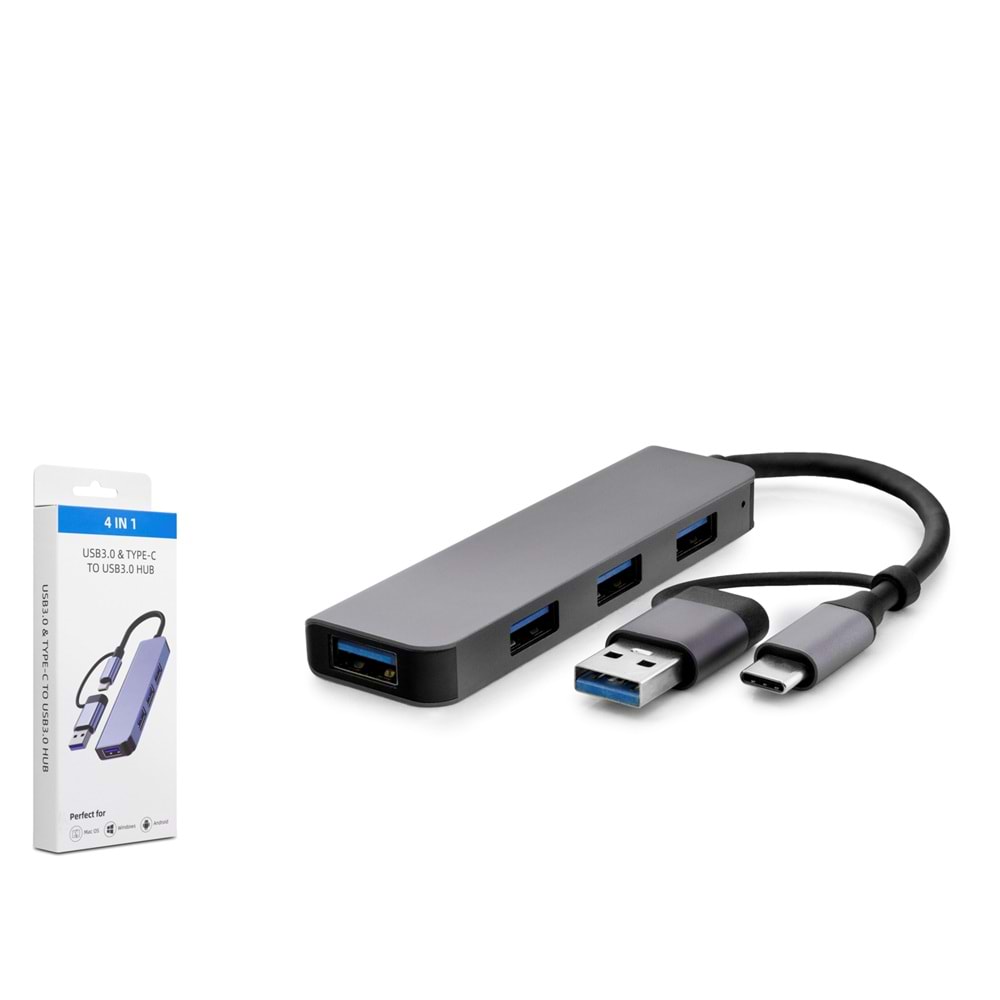 HADRON HDX7825 USB Type-C 3.0 Hub 4 Port 5 Gbps Gri