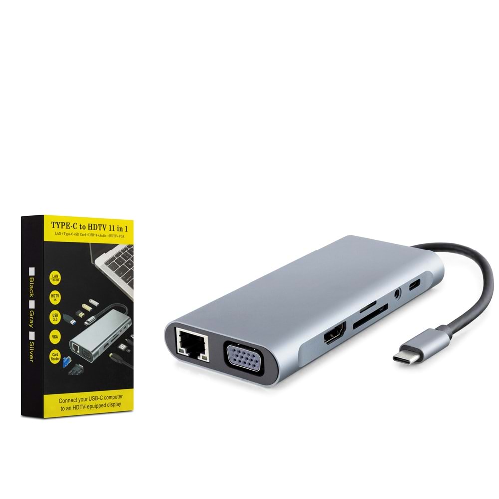 HADRON HDX7830 Type-C 3.0 Combo Hub PD 100W HDMI 4K VGA Gigabit LAN AUX Kart Okuyucu 11 Port 5 Gbps Gri