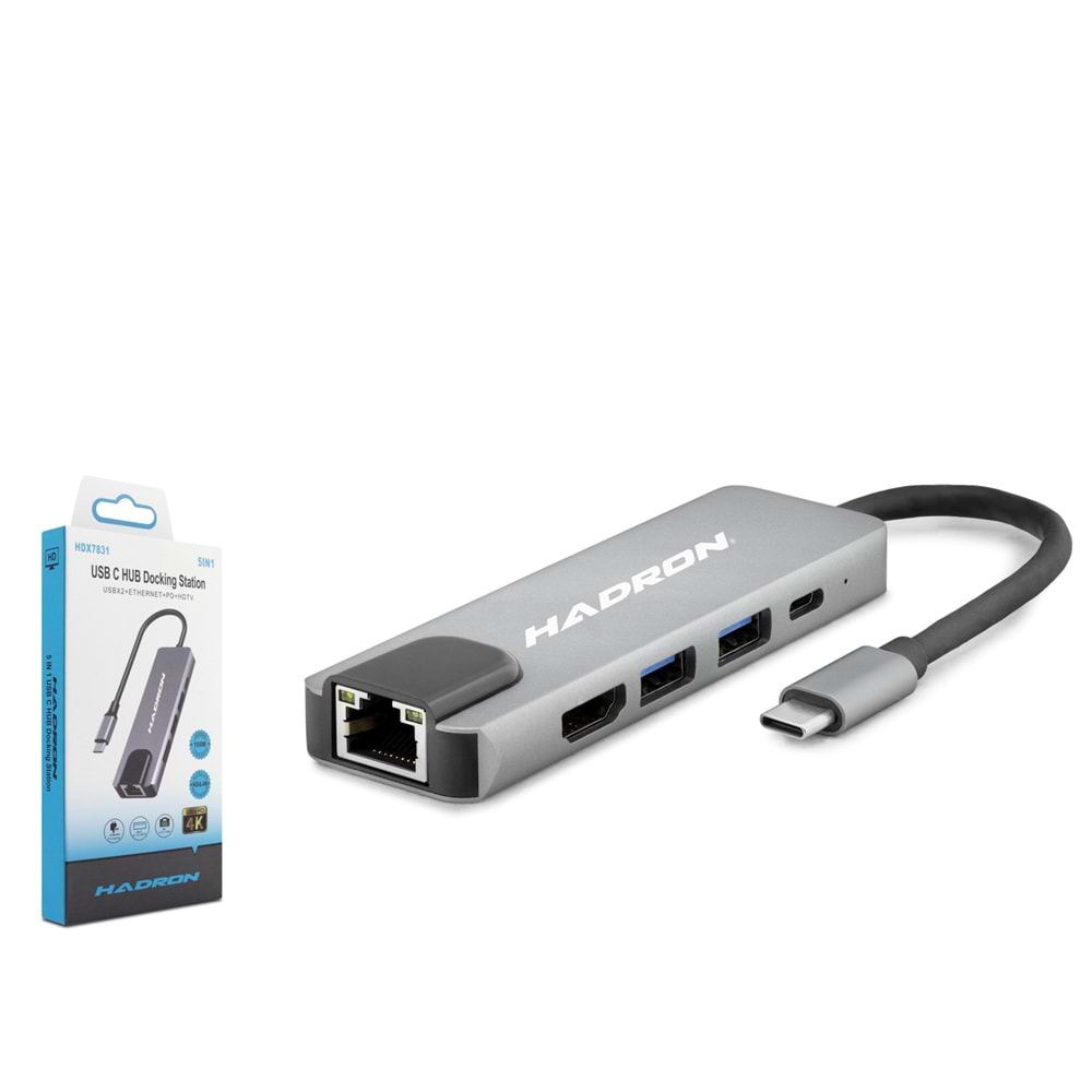 HADRON HDX7831 Type-C 3.0 Combo Hub PD HDMI 4K 30Hz LAN 100M 5 Port 5 Gbps Gri