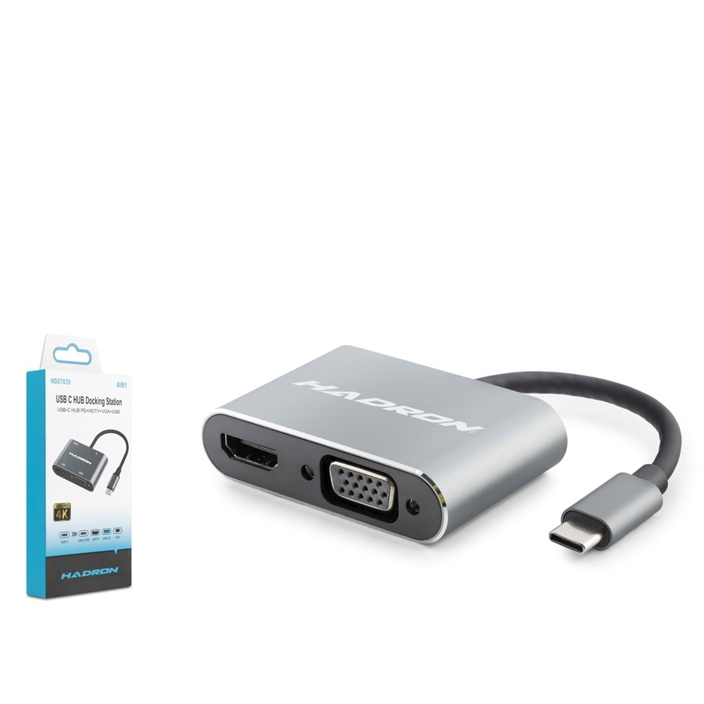 HADRON HDX7839 Type-C 3.0 Combo Hub PD HDMI 4K 30Hz VGA 4 Port 5 Gbps Gri
