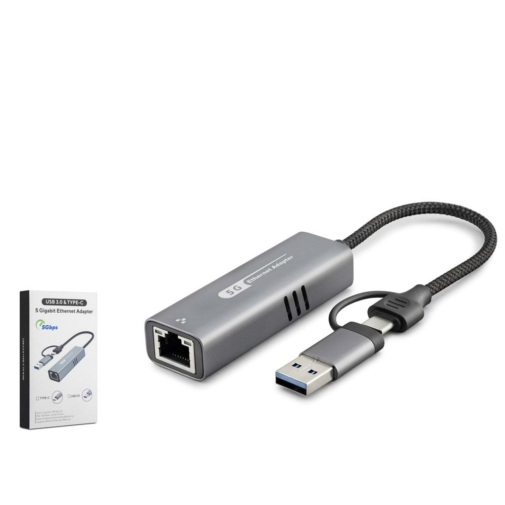 HADRON HDX7850 USB Type C 3.0 Ethernet Adaptör Gigabit 5 Gbps Gri
